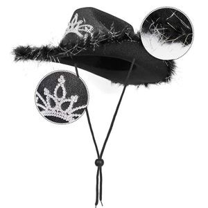 Black Cowboy Hat with Feather and Rhinestone Details